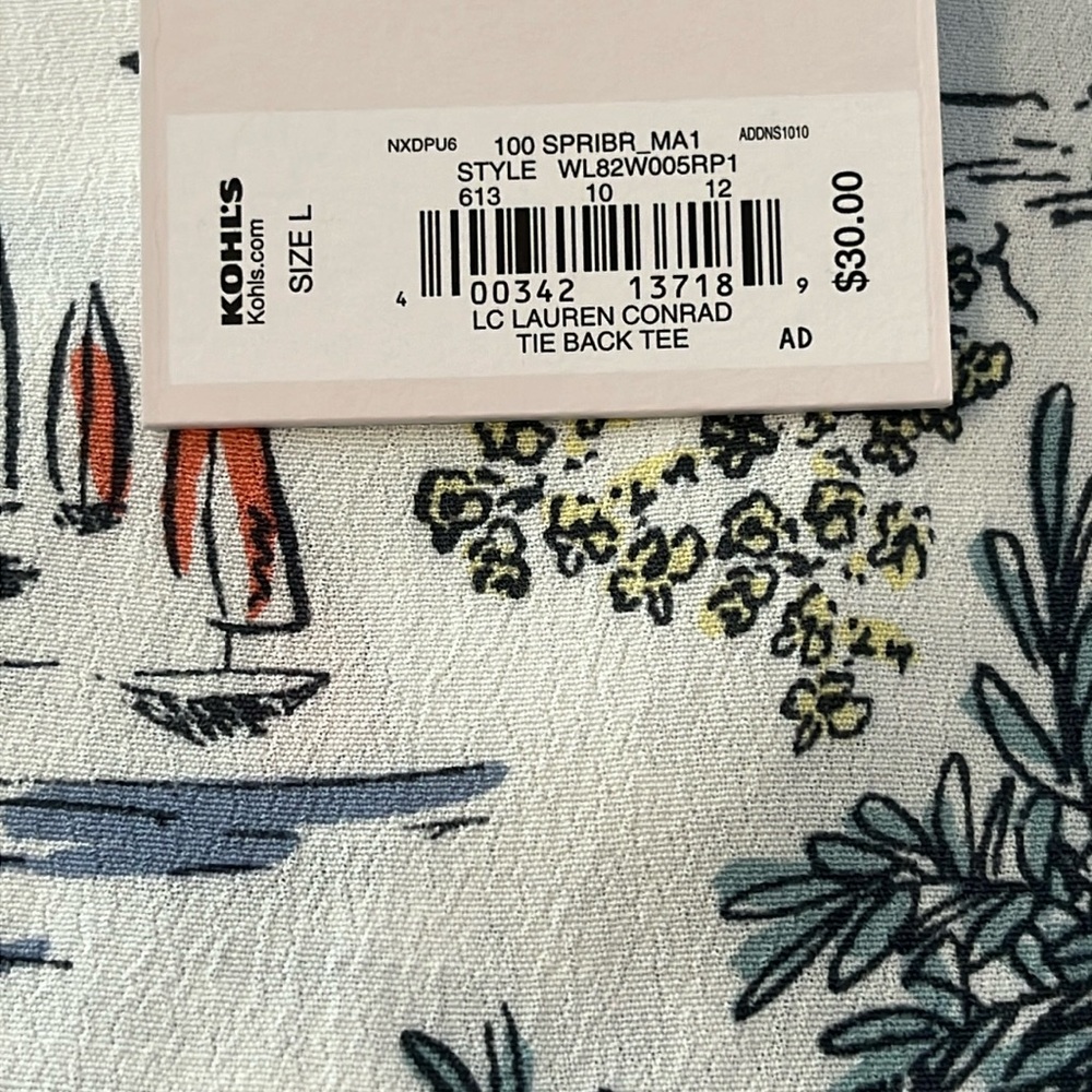 NWT LC Lauren Conrad NAUTICAL TROPICS PRINT TIE BACK TEE TOP BLOUSE Large SS - Picture 4 of 7